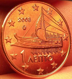 Gem Unc Greece 2008 1 Euro Cent~Ancient Athenian Trireme~Minted In Athens~Fr/Shi - Picture 1 of 2