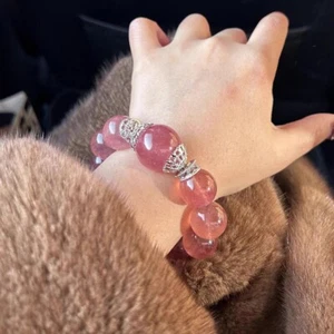 Top Natürliche Rot Erdbeere Kristall Stretch Große Runde Perlen Armband 17mm AAAA - Bild 1 von 5