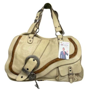 Christian Dior Ivory Brown Dual Saddle Shoulder Satchel Zip Snap Flap Purse Tote - Picture 1 of 16