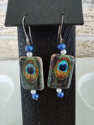 Pendientes Pluma Pavo Real Mujer Moda Joyería Boho Chic Azul Y Perla Cuentas Foto 1 de 4