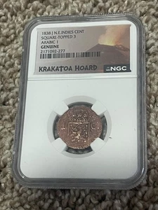 Krakatoa Hoard 1838 J N.E. Indies Cent Square-Topped 3 Arabic 1 NGC Genuine - Picture 1 of 3