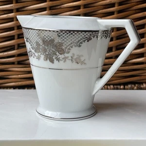 Vintage NORITAKE Milk Jug White Platinum Silver Floral Scrolls & Lattice Deco - Picture 1 of 8