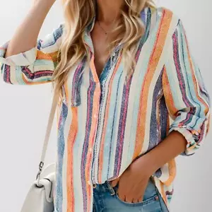 Womens Striped Shirts Casual Long Sleeve Stylish V Neck Blouses Tops with Pocket - Picture 1 of 14