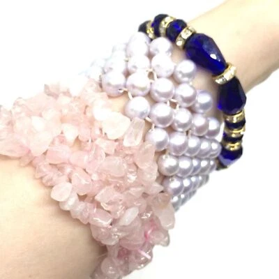 НАБОР ИЗ 3 ЭЛАСТИЧНЫХ БРАСЛЕТОВ РОЗОВЫЙ КВАРЦ САМОРОДОК ПОДЛИННЫЙ ЖЕМЧУГ ЛЮЦИТ СТРАЗЫ - Изображение 1 из 4