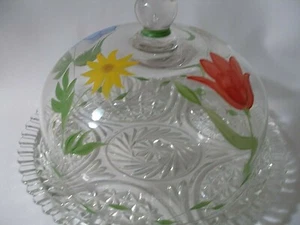 Block Basics Glass Hand Painted Cake Dome and Anchor Hocking Plate 2 Pieces VTG - Picture 1 of 12