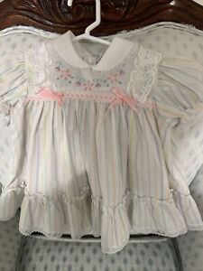 Vintage Baby Girl 18 Months Dress Multicolor Stripes Lace Floral Embroidered