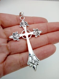 Long ornate CROSS Necklace 60cm/24" chain Large Big Religious Cosplay Silvertone - Picture 1 of 7