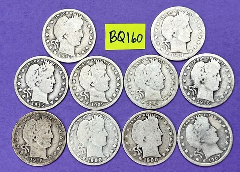 Silver Barber Quarter Lot of 10 Coins | 90% Silver Barber Quarters | Lot #BQ160 Cover