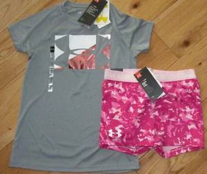 Under Armour foil logo top & pink camo camouflage shorts NWT girls' M YMD 10 12 - Picture 1 of 2