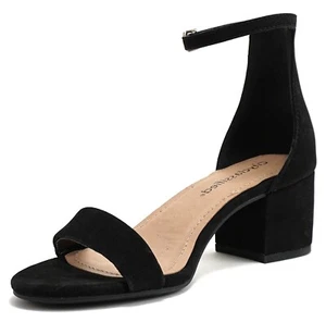 Classified Women Low Block Heel Sandals Open Toe Ankle Strap Weekend Black Suede - Picture 1 of 5