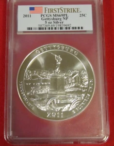 2011 PCGS MS69PL  First Strike 5 Oz Silver Gettysburg NP - Picture 1 of 2