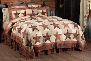 Abilene Star King Quilt Hand Stitched Red Tan Plaid Cotton Country Patchwork Top - Picture 1 of 12