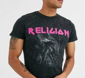 RELIGION Men's Lightning Eagle Curved Hem Tee. Black Stone Wash. Size: Small - Picture 1 of 5