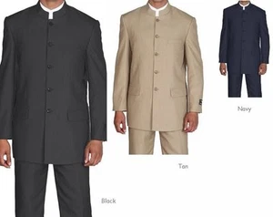 Men's Mandarin Collar Pin Stripe Church Suit Style 925H - Picture 1 of 5
