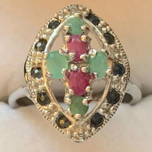 1196:  Vintage Sterling Silver Ring with Rubies and Emeralds, Size 8.5 - Picture 1 of 3