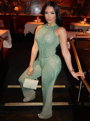 Gourgywear Geometric Print Patchwork 2 Piece Set Women o-Neck Skinny Bodysuit+Wi - Image 1 of 4