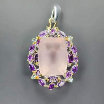 Handmade 34 ct+ Natural Rose Quartz Pendant 925 Sterling Silver  /NP51730 - Image 1 of 4