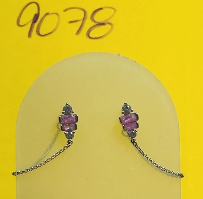 NIB Bomb Party Dangle Earrings RBP Pink Ice Crystals W/Chain Rhodium Pl - Image 1 of 4