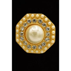 Vintage Hexagon Crystal Pearl Pin Brooch White Rhinestone Gold Tone NOS 1980s 9B - Picture 1 of 10
