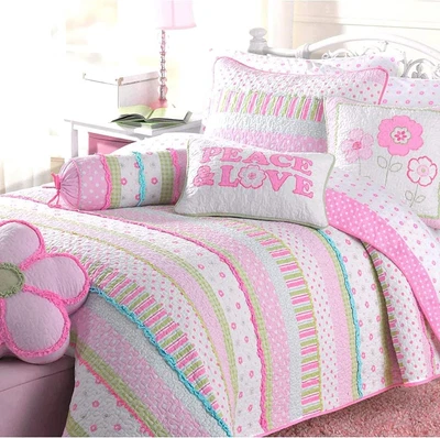Pink Polka Dot Peace & Love 100% Cotton Reversible Quilt Bedding Set for Kids Gi - Изображение 1 из 4