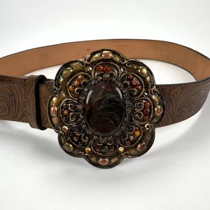 Vintage Leder braun handgefertigt Leder Blume große Schnalle Gürtel Größe M  - Bild 1 von 9