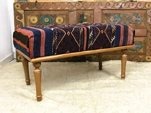 Handmade Kilim Upholstered Ottoman Footstool Piano Entryway Bedroom Bench - Picture 1 of 25