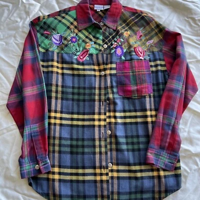 VTG Womens Flannel Plaid Button Up Shirt Top Size Sm Floral Embroidered Cool! - Image 1 of 4