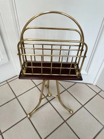 ANTIQUE ENGLISH VICTORIAN BRASS & MAHOGANY NEWSPAPER MAGAZINE STAND Cover