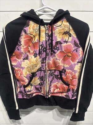VTG Lucky Brand Full Zip Hoodie Black Floral  Hooded Sweatshirt Medium 90s Y2K - Image 1 of 4