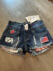 True Gypsy Denim Shorts Ladies Size 1 Blue USA America Flag Cut Off 27&quot; Waist