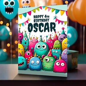 Monster Theme Birthday Card - Personalised With Any Name & Age (0005) - Picture 1 of 2