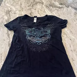 Women's M Harley Davidson V- Neck Black Short Sleeve T-Shirt 100% Cotton - Picture 1 of 9