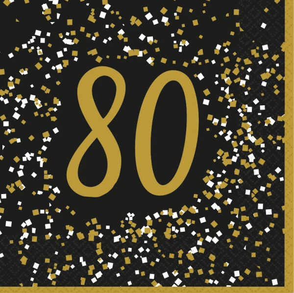 80th Birthday Party Napkins Age 80 Black Gold Paper Birthday Party Napkins x 16 - Image 1 of 1