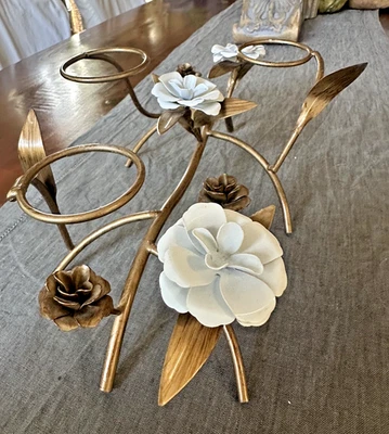 Metal Tole Gold Leaf 3 Arm Candle Holder White Flower Center Piece 12” Romantic - Image 1 of 4