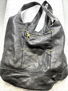 KOOBA Black Leather Slouchy Zipper Front Double Strap Hobo Shoulder Bag Tote - Picture 1 of 12