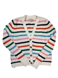 LOFT Cream Multicolor Striped V Neck Chunky Knit Button Cardigan Women's Size M - Picture 1 of 5