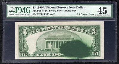 1950-A $5 *STAR*FRN FEDERAL RESERVE NOTE “INK SMEAR ERROR” PMG EXTREMELY FINE-45 - Image 1 of 2