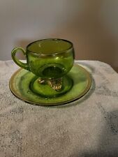 Vintage 1904 World Fair Green Glass Cup And Saucer With Gold Trim