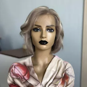 Grey #60 Highlight Human Hair Wigs Pre Plucked Short Bob Cut 13X4 Lace Front Wig - Picture 1 of 10