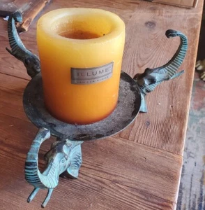 Gorgeous Cast Metal Patina Brass Elephant Trio 11" Candle Holder Stand Trunks UP - Picture 1 of 7