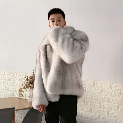 Men Natural Fox Fur Coat Overcoat Winter Warm Real Fur Thick Outerwear Plus Size - Image 1 of 4