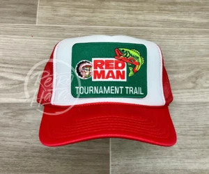 Red Man Tournament Trail Fishing Patch on Red/White Meshback Trucker Hat - Picture 1 of 1