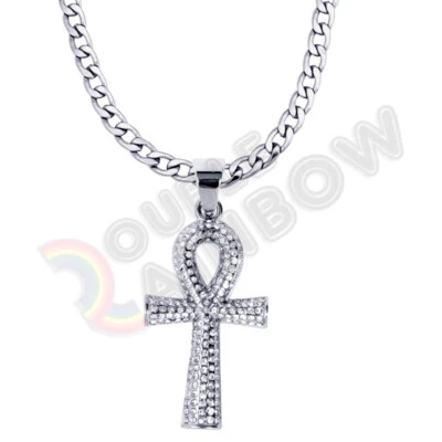 Collar Ankh egipcio de acero inoxidable para hombre con colgante de cruz de circonita cúbica cadena cubana de 6 mm*P113 Foto 1 de 4
