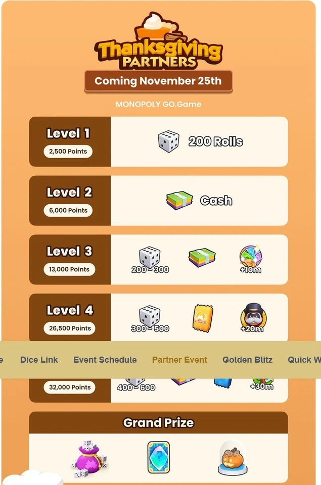 Thanksgiving Partner Event Monopoly Go 🔥 RUSH 12-24 Stunden 🔥 Full Carry 1 Slot - Bild 1 von 1