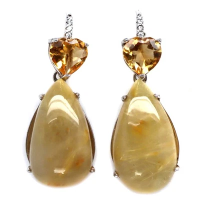 925 Silver 13x22 MM. Golden Rutile Quartz, Citrine & Zircon Birthstone Earrings - Image 1 of 4