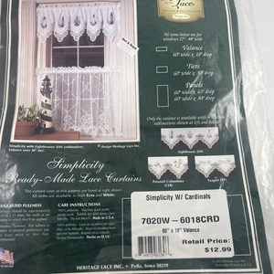 HERITAGE LACE SIMPLICITY With CARDINALS CURTAINS 60" X 18" VALANCE WHITE SET 2 - Picture 1 of 6