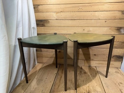 VINTAGE Set Of 2 Lu Van MCM Nesting Guitar Pick Tables Avocado Green & Brown - Image 1 of 4