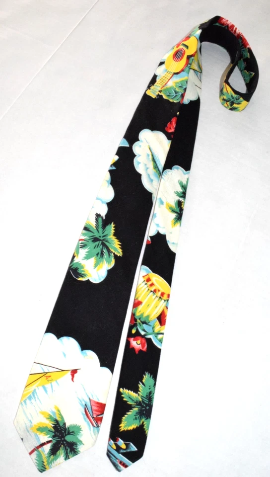 Галстук винтажный Gino Galatti 60-х черный хлопок укулеле гибискус гавайский 54 «x 2,8» - Изображение 1 из 4