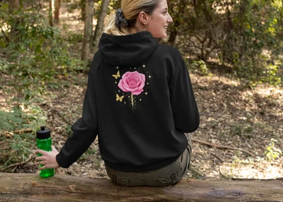 Sudadera con Capucha Rosa Brillante Unisex Mariposa Floral Gráfico Negro Informal Pullover Foto 1 de 4