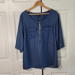 Jones New York Womens Chambray 1/2 Zip Top Size LG Roll Tab Tassle Pockets Soft - Picture 1 of 10